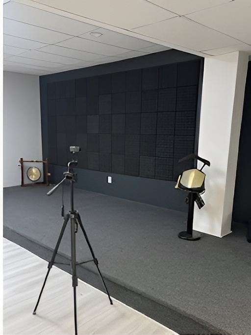 Full black acoustic panel wall with tripod and studio light on the raised stage
